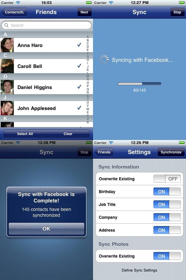 ContactsXL 3 (Groups,Facebook Sync,Group Text&Email,Birthday Reminder,Dialer,Favorites,Coverflow)スクリーンショット